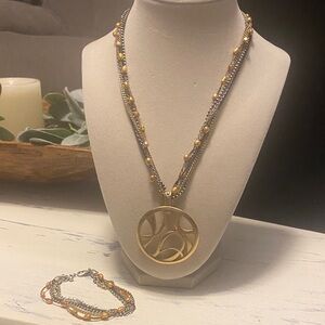Vintage Freshwater Pearl layered Gold and Silver Necklace and Bracelet Set